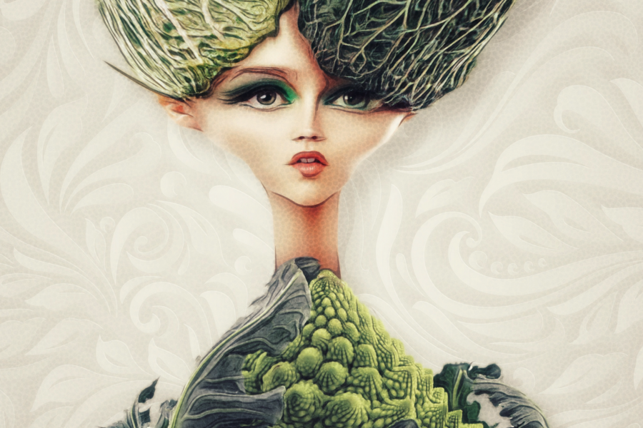 French Perfume Commercial Beautiful Woman in cabbage illustration