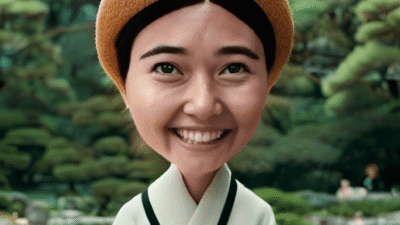 Oddtoe caricature: a smiling woman with an exaggerated oversized head and rounded bowl hat, set against a Japanese garden