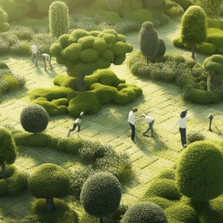 Landscape image of a topiartist's garden designs with people walking through the topiary