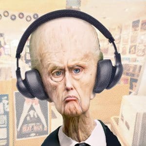 Example of a digital character illustration, an old man listening to music