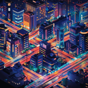 Nighttime illustration of Tokyo's animation conference