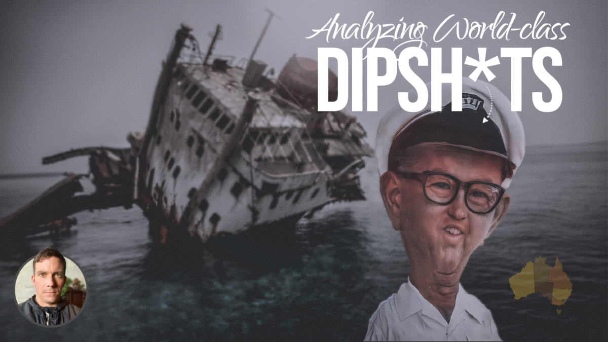 Thumbnail for the Oddtoe & Datalabs Agency YouTube thumbnail for Analyzing World-Class Dipshits post showing a crashed ship and its captain.