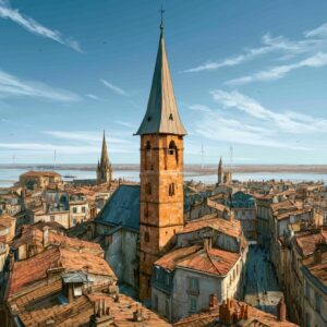 Illustration of Bordeaux rooftops and church tower, France, the host city of the Cartoon Movie animation conference