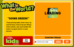 What in the World? — flat screen What in the World photo puzzle for National Geographic Kids: praying mantis anagram with answer box