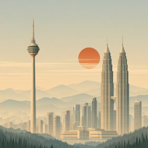 Illustration of the Kuala Lumpur skyline with the Petronas Towers and KL Tower, Malaysia, host city of the SIGGRAPH Asia animation conference