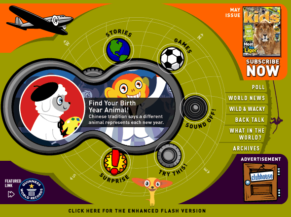 National Geographic Kids homepage designed by Oddtoe: binocular navigation with Stories, Games, Sound Off and Try This sections