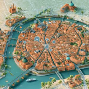 Illustrated aerial map of Toulouse, France, the host city of the Cartoon Forum animation conference