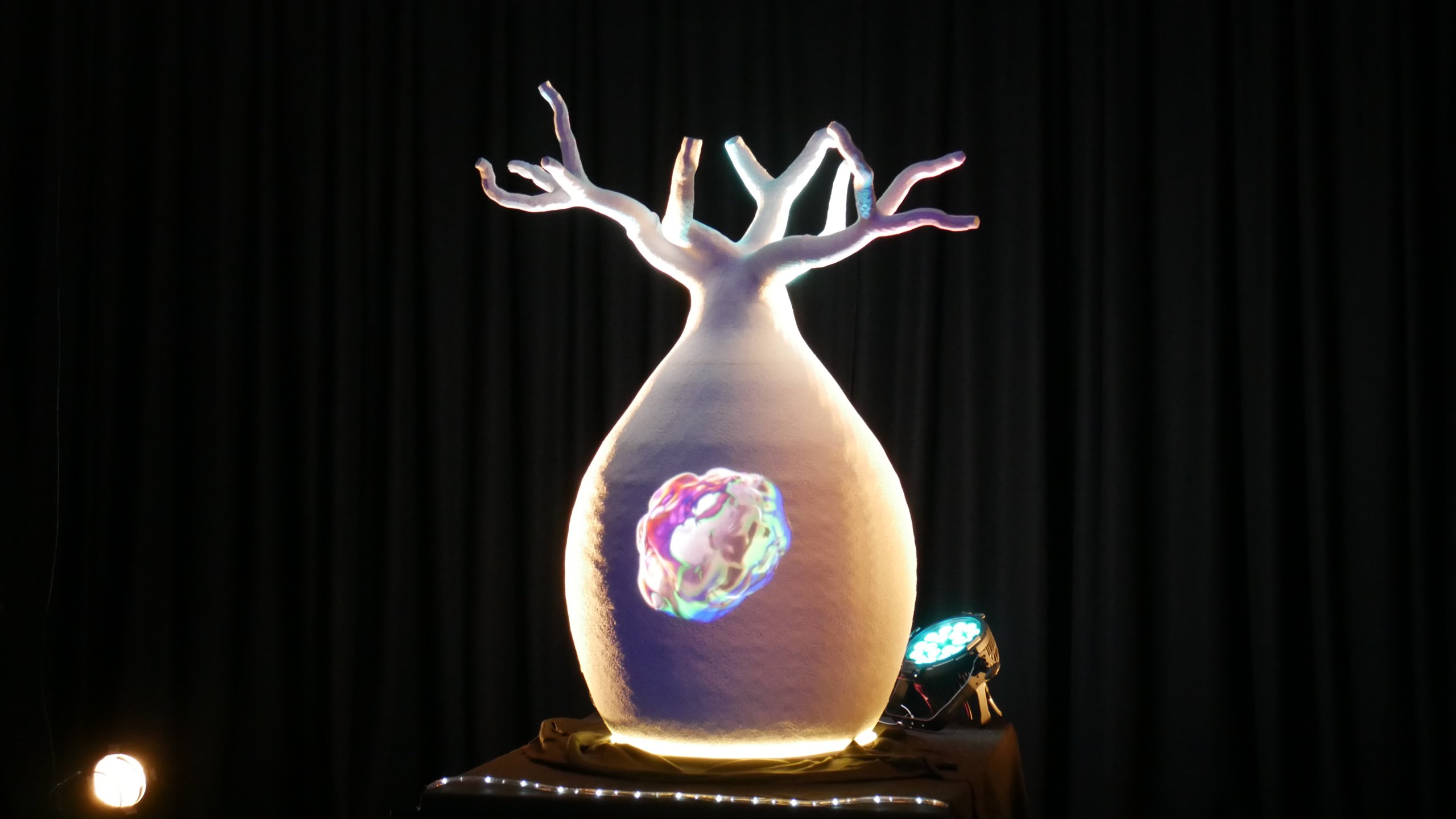 Voice-modulated bubble projected into the trunk of Oddtoe's baobab sculpture Voice-modulated bubble projected into the trunk of Oddtoe's 2.1-metre baobab sculpture