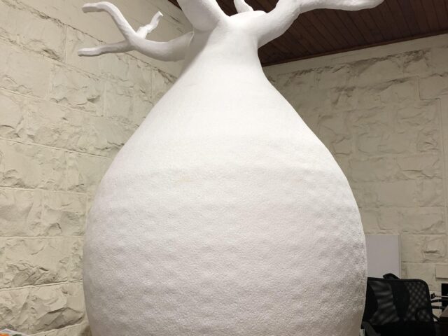 The 2.1-metre baobab carved from polystyrene, raw and unfinished on its MDF base in Oddtoe's Melbourne studio The 2.1-metre baobab carved from polystyrene, raw and unfinished on its MDF base in Oddtoe's Melbourne studio