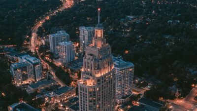 George P. Johnson &mdash; Auburn Hills, Michigan at dusk, home of the world&rsquo;s oldest experience marketing agency. Artwork: Oddtoe
