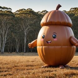 Giant inflatable acorn character designed by Oddtoe, standing in an open paddock