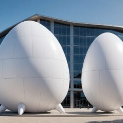 Two giant white inflatable egg sculptures outside a modern glass office building
