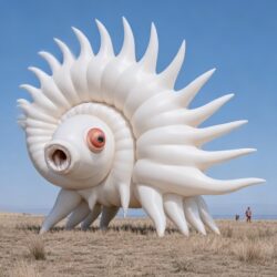 Giant white inflatable shell creature with a single red eye standing in a dry paddock, with people nearby for scale
