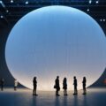 Illuminated inflatable sphere night installation A large illuminated inflatable sphere glowing inside a dark hall with people standing around it for scale
