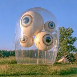 Transparent inflatable bubble containing giant eyeballs, guyed down in a grass field at dusk