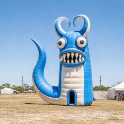 Blue horned inflatable monster with a walk-in doorway at an outdoor festival