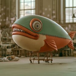 A large fish costume mascot on a trolley in a costume workshop