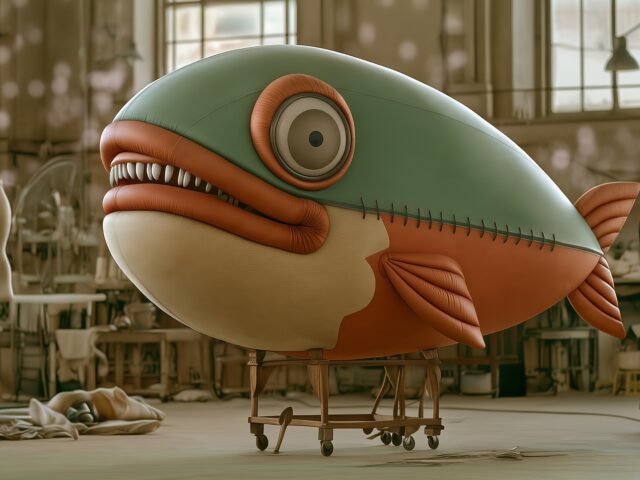 A large fish costume mascot on a trolley in a costume workshop