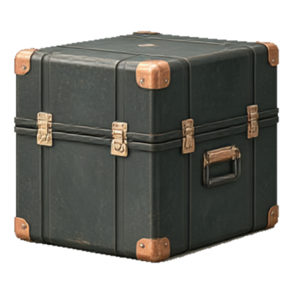 A black flight case with copper corner castings and brass latches, used to move an Oddtoe activation build between markets