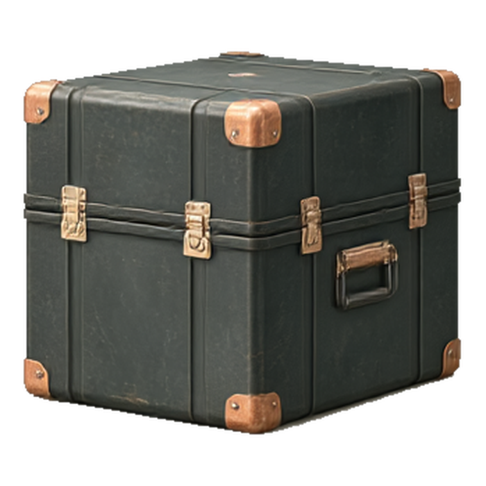 Black flight case with copper corner castings and brass latches