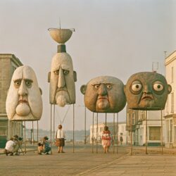Oversized caricature character heads carried at street level
