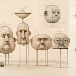 Hand-drawn construction studies for oversized protest heads, with proportion grids and annotations