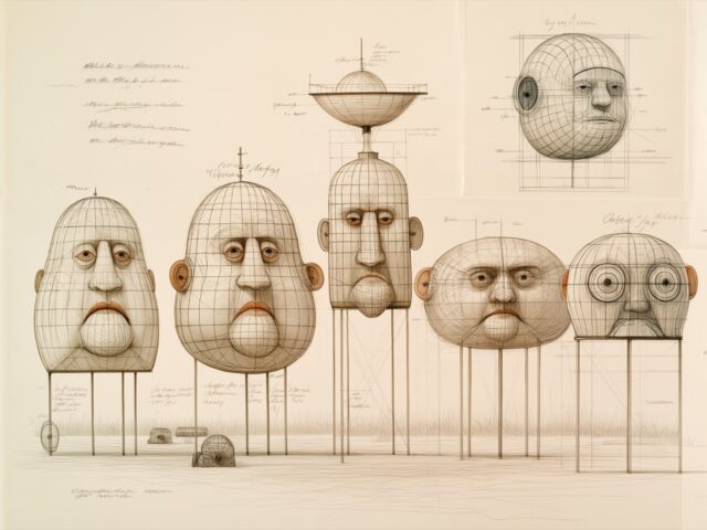Head construction studies, left crop Working drawings for publicity stunt heads, gridded and annotated, cropped to the five heads