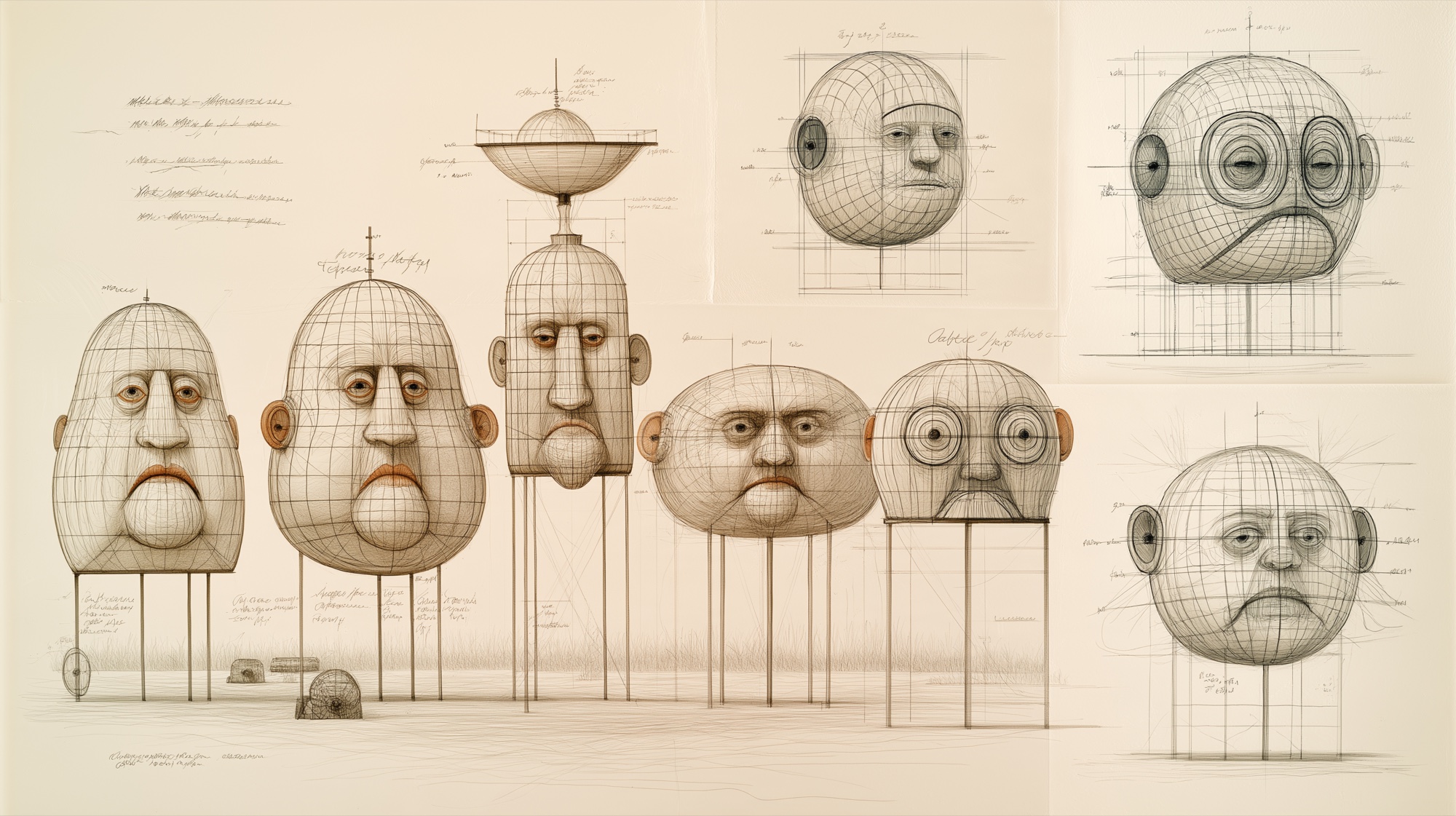 Working drawings for four publicity stunt heads, gridded and annotated