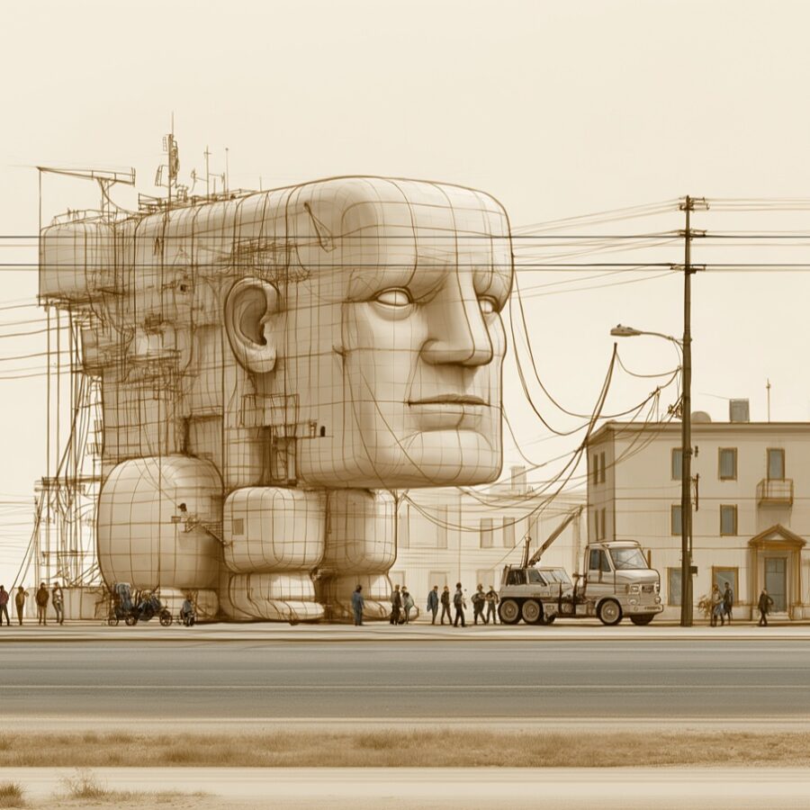 Design study of an oversized head at building scale on a street