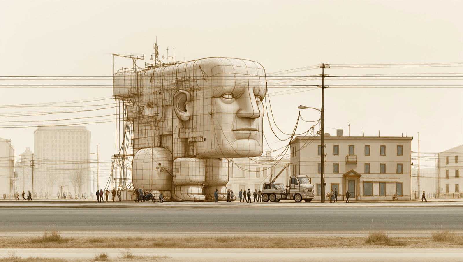 Concept study: a carved face at monument scale arriving on a truck