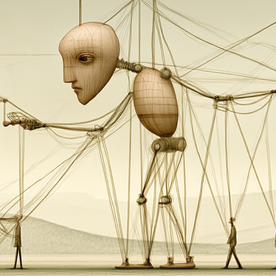 Design study for large carried puppets and handlers, drawn against human figures for scale