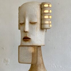 Protest head with a woven mesh sight panel set into the chin