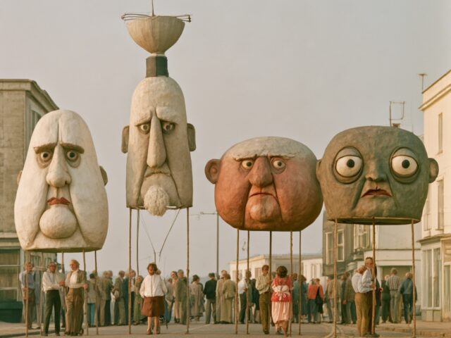 Four oversized protest heads carried at street level through a crowd