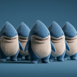 A family of five blue shark costume mascots