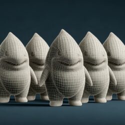 The five shark mascot characters as a 3D wireframe mesh