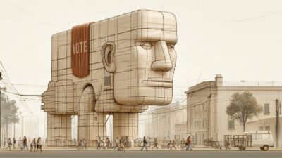 Concept image: a monument-scale head with a VOTE banner parked in a city street, a publicity stunt idea by Oddtoe