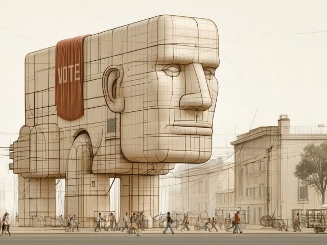 VOTE monument in the street (concept) Concept image: a monument-scale head with a VOTE banner parked in a city street, a publicity stunt idea by Oddtoe