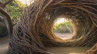 A walk-through archway woven from eucalypt branches, built by Oddtoe as a festival entrance