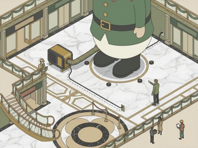 oddtoe christmas elf blower power floor fixings diagram Isometric diagram of the base of a Christmas elf inflatable on a marble mall floor with a blower, hose, power cable and floor fixing points, an engineer and a centre manager
