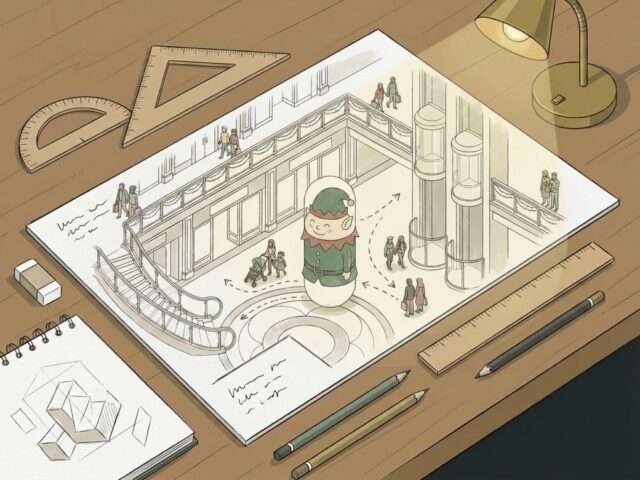 oddtoe christmas elf ideation sketch designers desk Concept sketch on a designer's desk of a tall Christmas elf inflatable in the plan of a shopping mall atrium, with dashed paths showing how shoppers walk past it