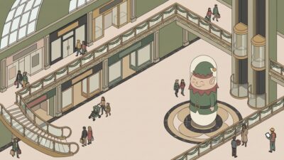 Wide isometric illustration of a mall atrium at Christmas with a tall elf inflatable on the circular floor inlay, glass elevators, a curved staircase, garlands and shoppers