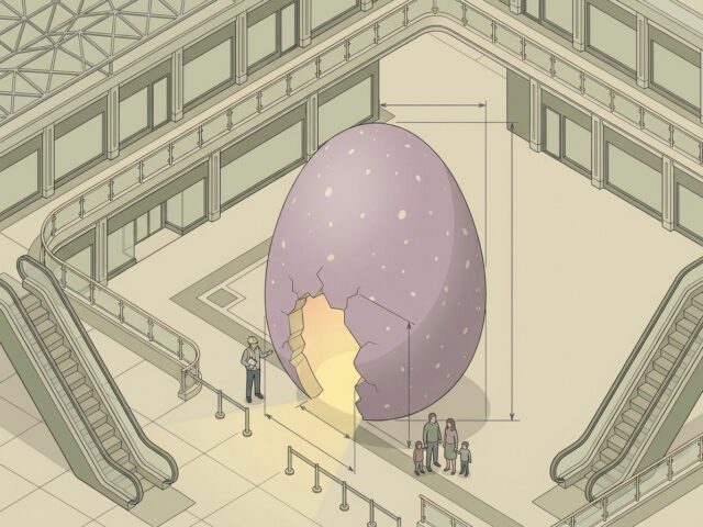 oddtoe easter isometric drawing egg drawn at size Isometric technical drawing of the walk-in egg at full height with dimension lines, queue barriers and people for scale.
