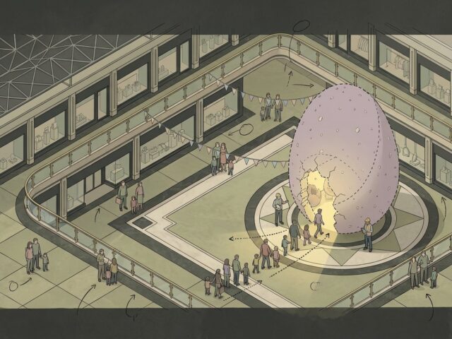 oddtoe easter isometric drawing ideation sketch Isometric concept sketch of a shopping center court with the walk-in egg in dashed outline and dotted arrows showing the queue.