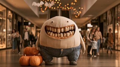Concept image: a two-metre fabric ghoul sculpture with a wide toothy grin beside a pumpkin display in a shopping centre at Halloween, shoppers passing