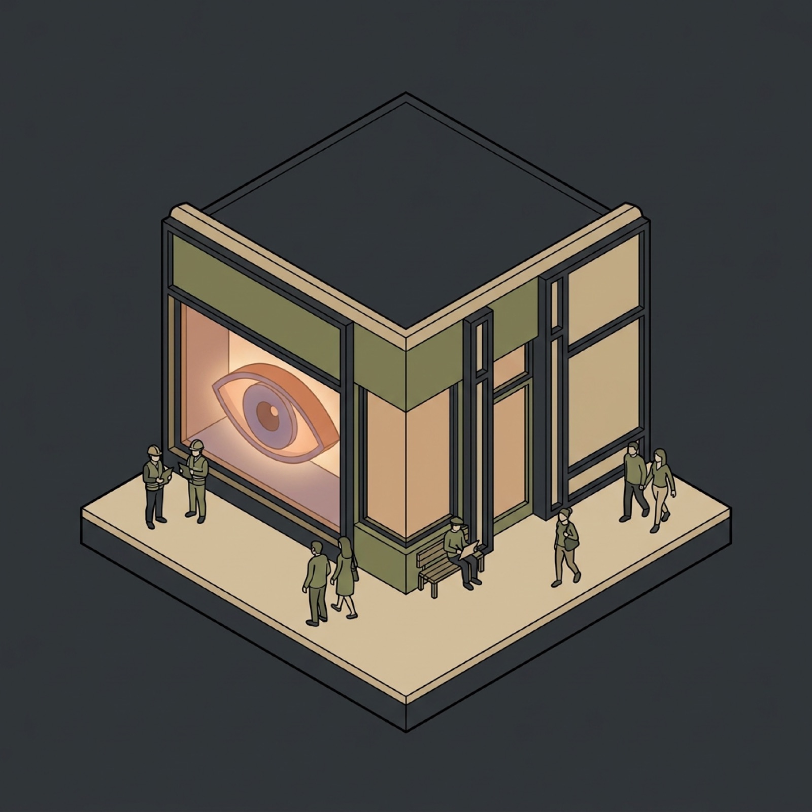 A corner shopfront with a large glowing eye filling the window; passers-by on the pavement.