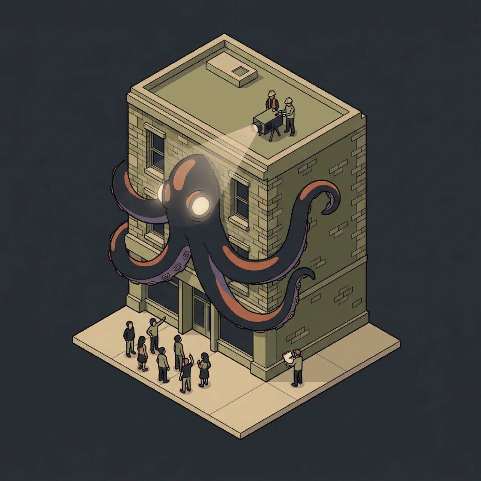 A giant octopus climbing a brick building, lit by a projector on the roof while a crowd watches from the street.