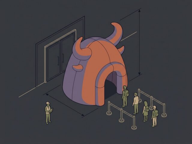 oddtoe halloween isometric drawing full size monster Isometric drawing of a horned walk-in inflatable monster at a venue entrance with dimension lines, queue barriers and people for scale
