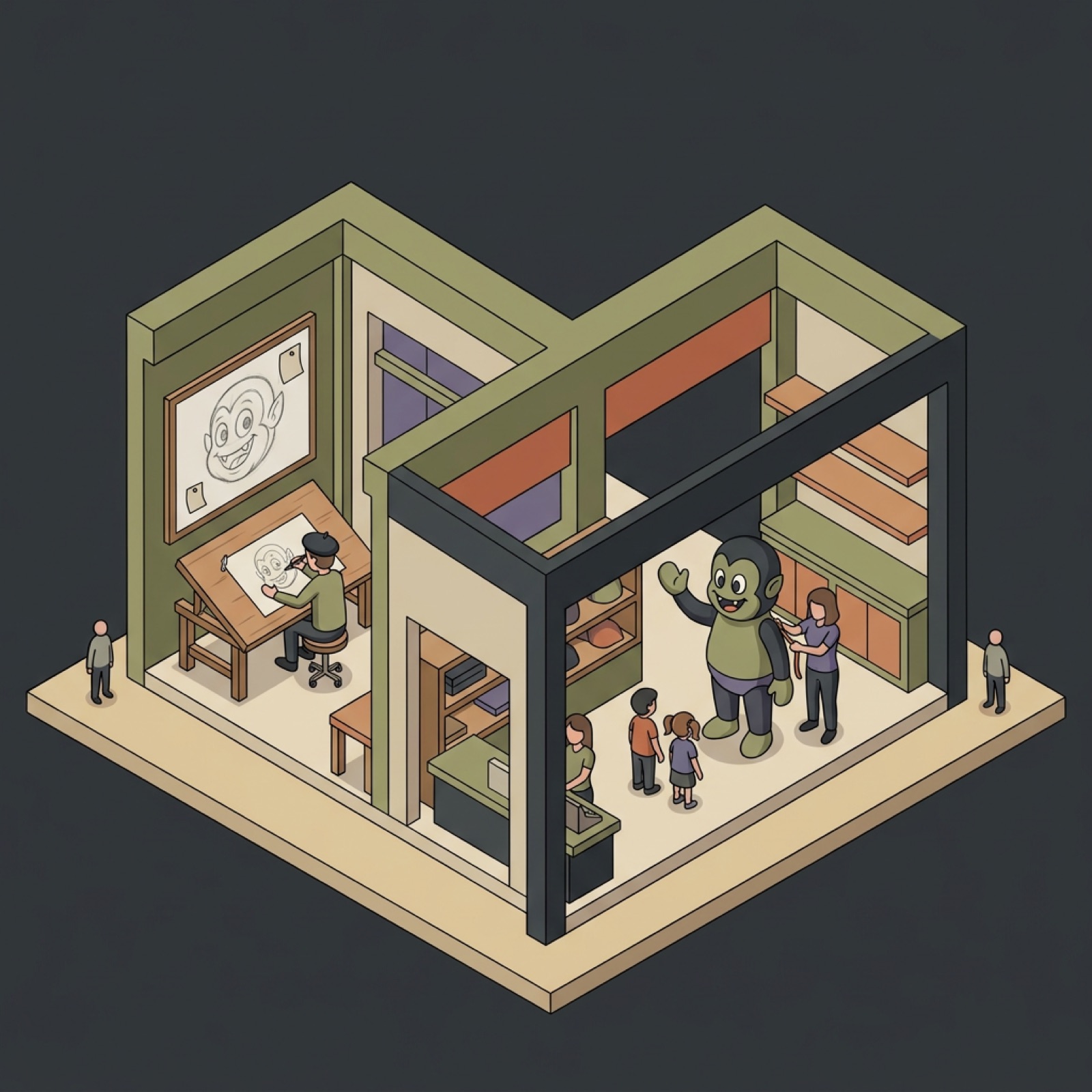 A designer drawing a character at a desk while the finished life-size character greets families.