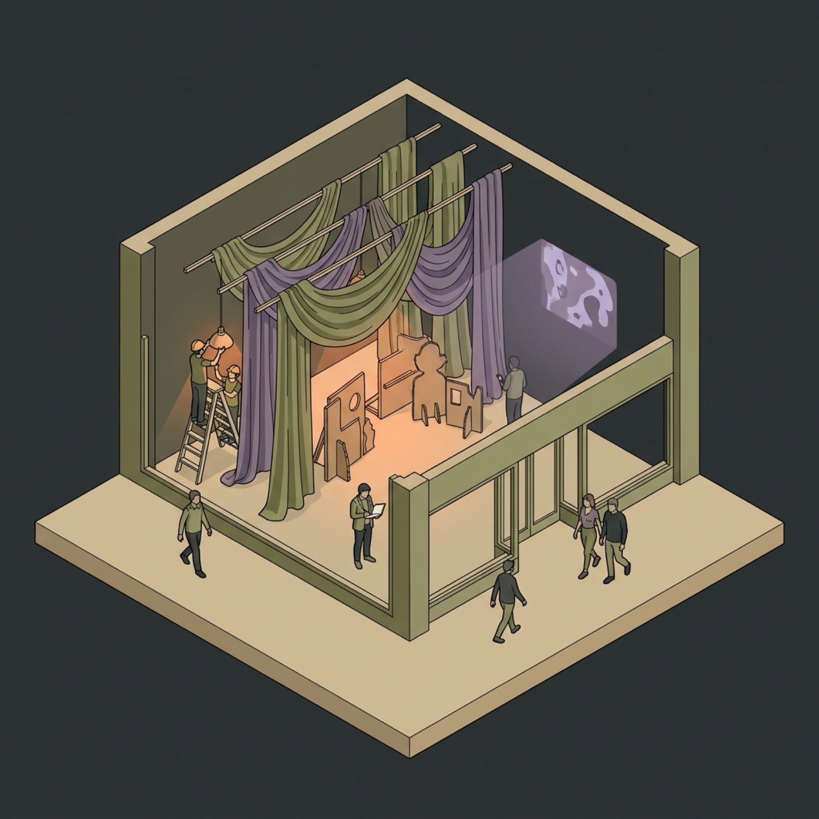 A shopfront turned into a theatrical haunt, with draped curtains, lights and a screen; visitors walk past.