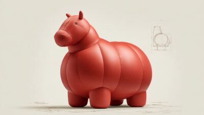 Concept render of a giant red inflatable zodiac horse for Lunar New Year, beside a pencil design sketch